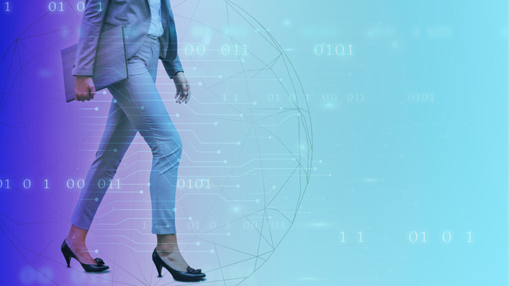 Businesswoman walking on a digital background