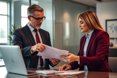 A sophisticated and elegant image rendered in rich burgundy and deep blue, portraying a CPA explaining financial details to a client in a modern office