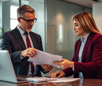 A sophisticated and elegant image rendered in rich burgundy and deep blue, portraying a CPA explaining financial details to a client in a modern office