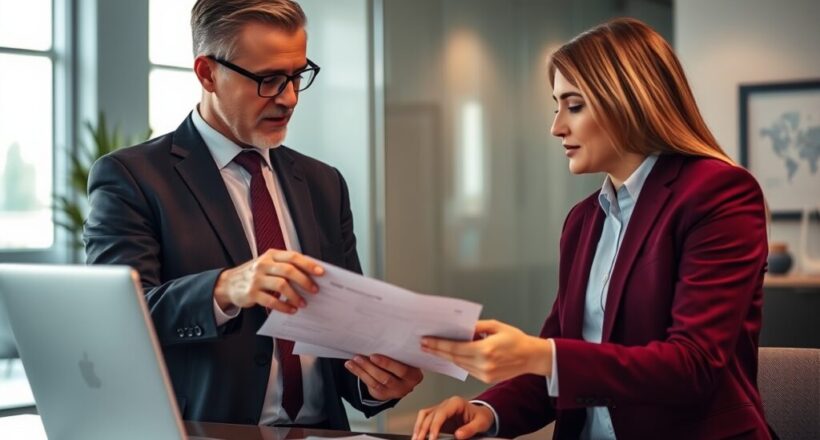 A sophisticated and elegant image rendered in rich burgundy and deep blue, portraying a CPA explaining financial details to a client in a modern office