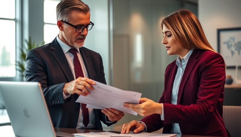 A sophisticated and elegant image rendered in rich burgundy and deep blue, portraying a CPA explaining financial details to a client in a modern office